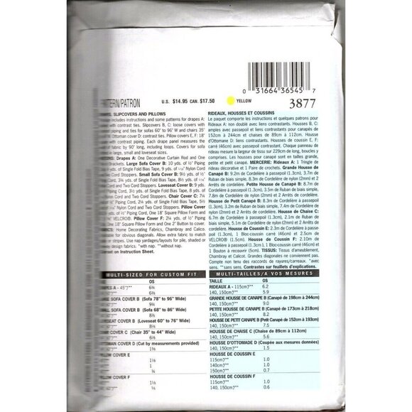 Butterick 3877 Home Decorating Waverly Slipcovers and Pillows Sewing Pattern - Picture 2 of 2